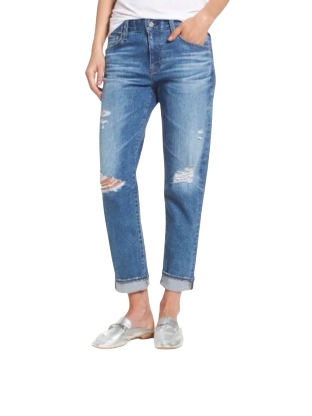 AG Adriano Goldschmidt Ex Boyfriend Slouchy Slim Distressed Raw Hem Jeans 26